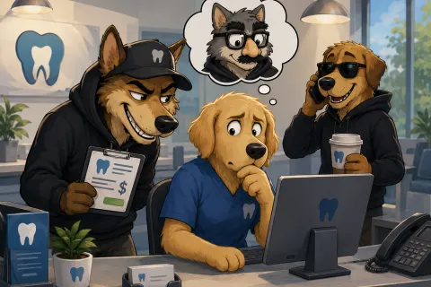 Anthropomorphic dogs in a dental office, one worried at computer, another showing cost clipboard, third on phone with coffee.