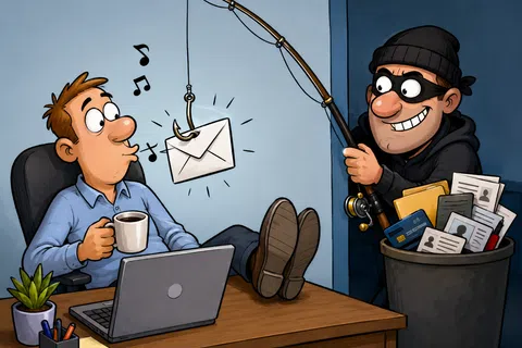 Cartoon of a thief phishing an email from a relaxed man at his desk with laptop and coffee, symbolizing cyber phishing attack.