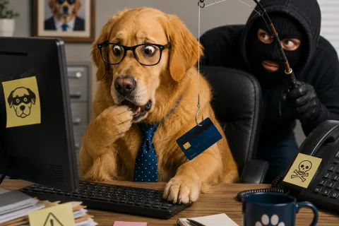 Golden retriever wearing glasses and tie at computer, worried about phishing with thief behind holding fishing rod and card.