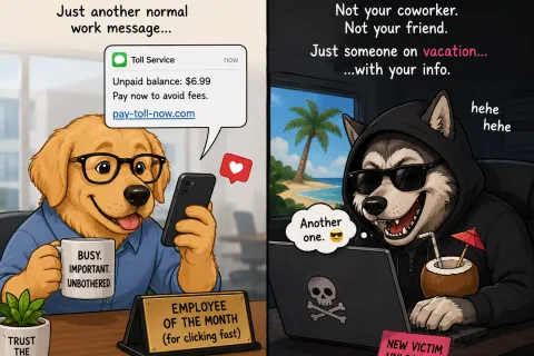 Two dogs depict phishing scam contrast: one appears busy and professional, the other a hacker exploiting info remotely.