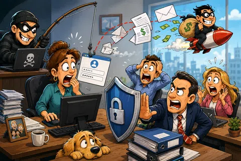 Cartoon office scene showing a hacker stealing data causing panic, with a shield lock symbol and a thief on a rocket.