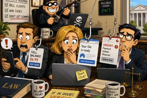 Lawyers worried at desks with phishing scams, payment alerts, and advice to verify suspicious emails and avoid links.