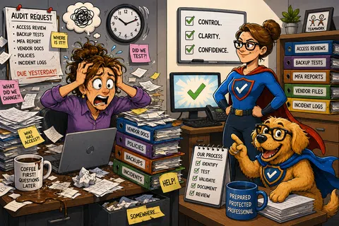 Stressed woman overwhelmed with audit tasks contrasts confident superhero and dog symbolizing control and clarity at work.