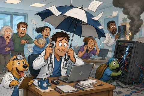 Doctor calmly working under an umbrella while a turtle repairs a smoking server and chaotic staff react in background
