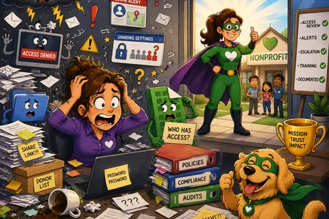 Stressed woman managing nonprofit data security with superhero and dog fighting access issues and policy compliance.