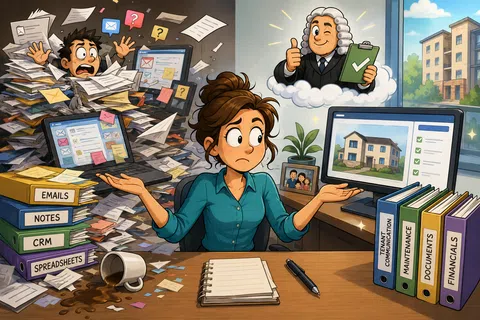 Overwhelmed woman at desk with messy papers contrasts calm workspace with organized files and positive approval figure.