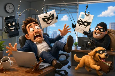 Scared man in office surrounded by phishing icons and thief dog stealing wallet, showing cyber attack dangers.