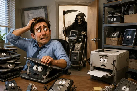 Scared man surrounded by animated hard drives and a grim reaper pushing a trolley of storage devices in an office.