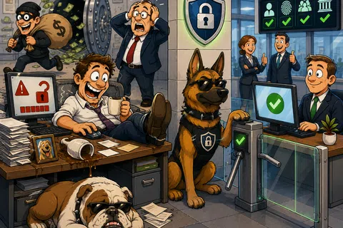 Cartoon office scene with security dogs preventing theft and employees approving digital identity verification.