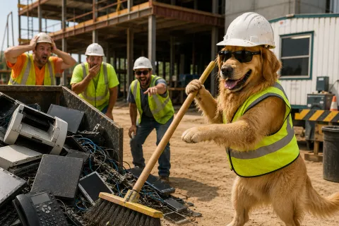 Golden retriever in a safety vest and hard hat sweeping construction site amid surprised workers.