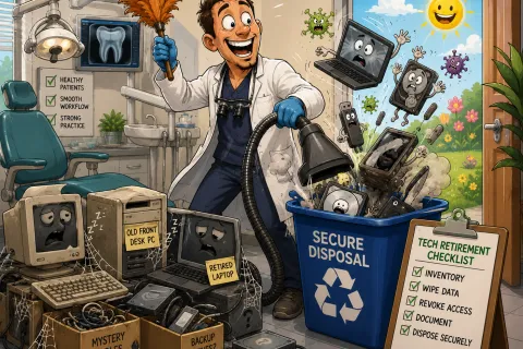 Dentist cleaning tech devices with a vacuum for secure disposal and following a tech retirement checklist in a dental office.