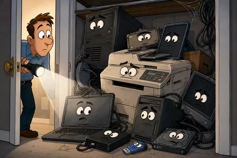 Man with flashlight discovers old computer devices with expressive eyes in a dusty dark closet.