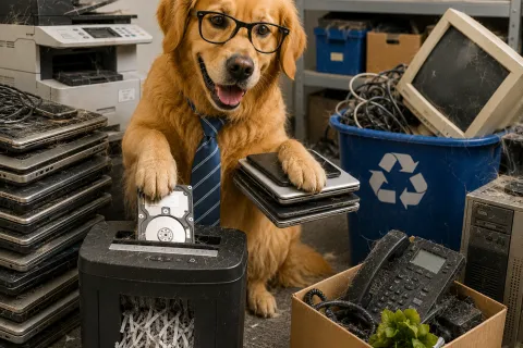 Golden retriever wearing glasses and tie shredding hard drives in an electronic recycling room.