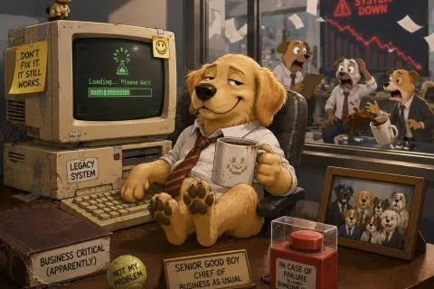 Relaxed dog in office with old computer loading, ignoring system down crisis behind glass wall.