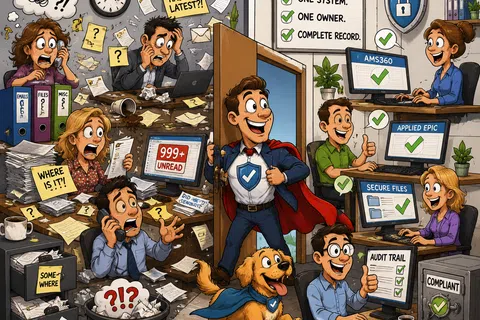Split office scene contrasting chaotic disorganization with organized, secure, and compliant digital workflow and happy employees.
