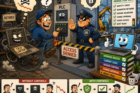 Cartoon showing old laptop causing security risks and access denial, contrasting with secure, approved laptop and system.