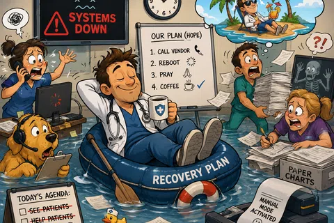 Healthcare workers in chaos with systems down, flooded office, and a relaxed doctor in a recovery plan raft.