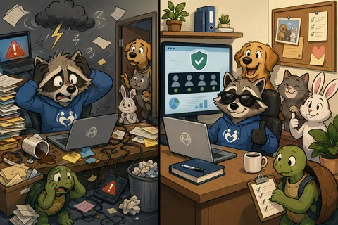 Stressed raccoon working in cluttered office contrasts with calm, organized office setting with supportive animal friends.
