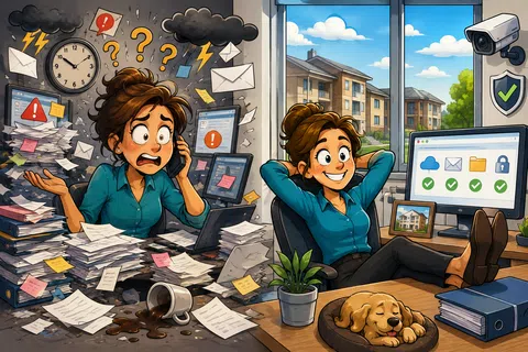 Split image showing stressed woman overwhelmed by work on left and relaxed woman with secure workspace and sleeping dog on right
