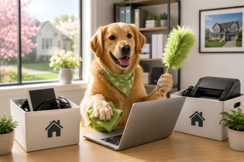 Golden retriever wearing green bandana cleaning laptop with feather duster at tidy desk indoors.