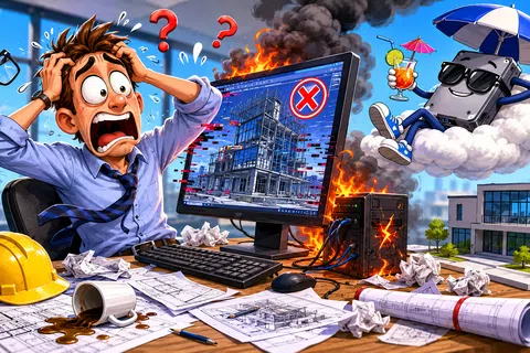 Frustrated architect with burning computer showing building errors while a relaxed device lounges on a cloud with a drink.