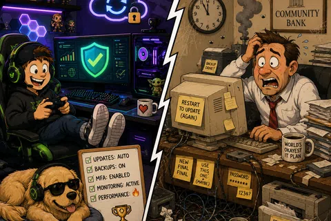 Comparison of modern secure gaming setup with automated updates and a stressed man at an outdated bank workstation.