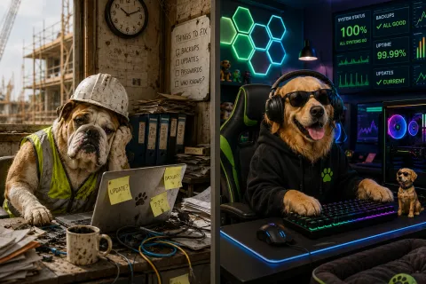 Side-by-side dogs in work settings: tired construction dog and cool gamer dog with headphones and glowing PC.