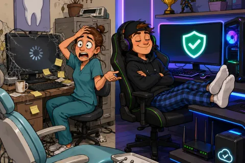 Stressed dentist with broken computer contrasts with relaxed gamer in high-tech room with secure system icons.