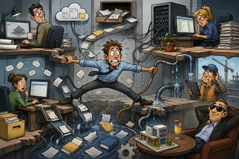 Stressed office workers managing overflowing documents and leaks in a chaotic underground office setup