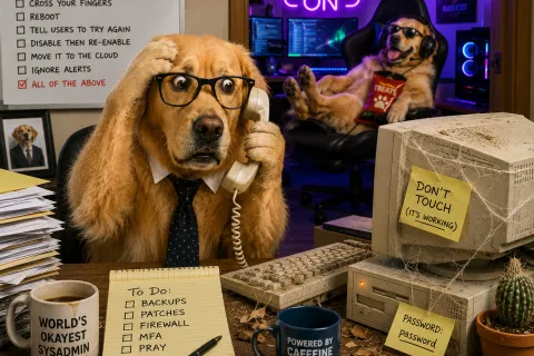 Golden retriever dressed as sysadmin on phone with messy desk and old computer, another dog gaming in background.