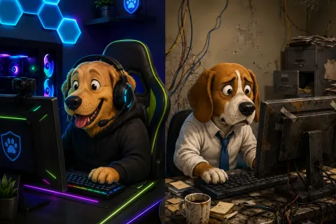 Two dogs using computers in contrasting environments: a modern gaming setup and a cluttered old office space.