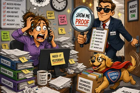 Stressed woman surrounded by files and notes faces confident auditor with proof checklist and evidence dog in office audit scene.