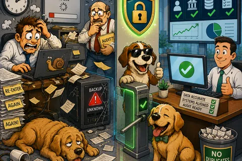 Split scene showing frustrated team with slow backup versus happy, secure data audit with dogs and clean system.