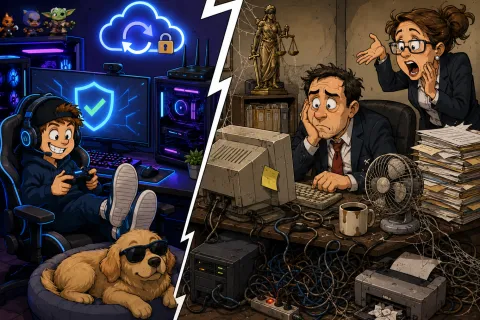 Split scene of relaxed gamer with modern tech and dog versus stressed office worker with outdated computer and clutter.