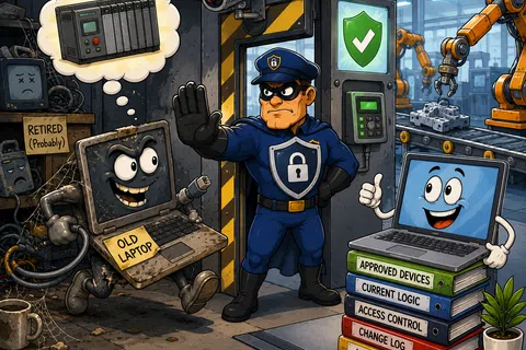 Security guard stops an old laptop from entering a high-tech facility while a happy laptop with logs approves.