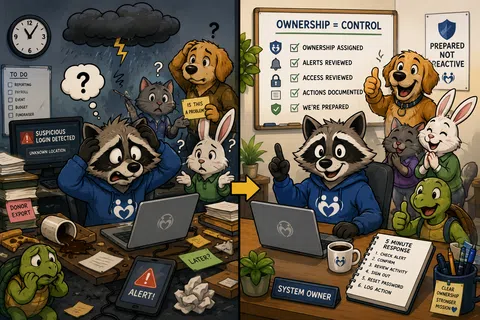 Before and after scene of stressed animals handling security alerts versus confident team managing system ownership controls.
