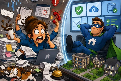 Stressed woman multitasking in chaos while a relaxed superhero protects a calm, organized neighborhood digitally.