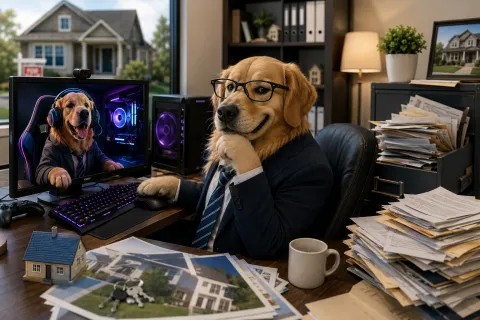 Golden retriever in a suit and glasses at a desk with paperwork and house photos, seen alongside a computer with a dog avatar.