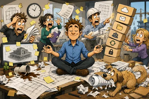 Calm architect meditates amid chaos with stressed coworkers, spilled coffee, flying papers, and a playful dog on construction plans.