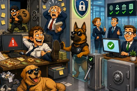 Comical office security scene with a thief escaping, careless employee, and alert security dogs at a bank vault area.