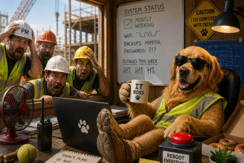 Golden retriever in safety vest and sunglasses holding IT boss mug with shocked construction workers behind window.