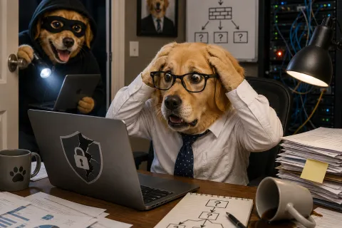 Golden retriever in glasses and tie at laptop looks stressed as masked dog hacker breaks in with flashlight.