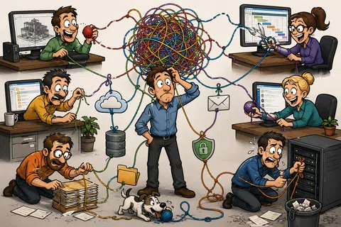 Cartoon team untangling complex colorful cables connected to various digital tools and data sources in an office setting.