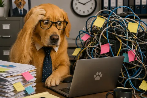 Golden retriever in glasses and tie at cluttered office desk with tangled cables, laptop, and paperwork.