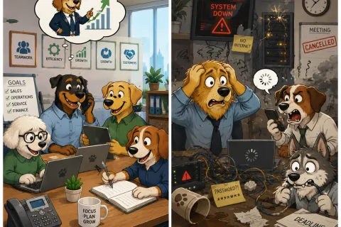 Two contrasting office scenes with dogs depicting teamwork and success versus chaos and system failure.