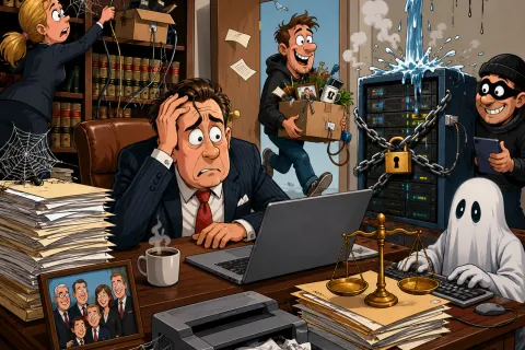 Stressed man at cluttered office desk with leaking server, hacker, ghost coder, and fleeing employee carrying box.