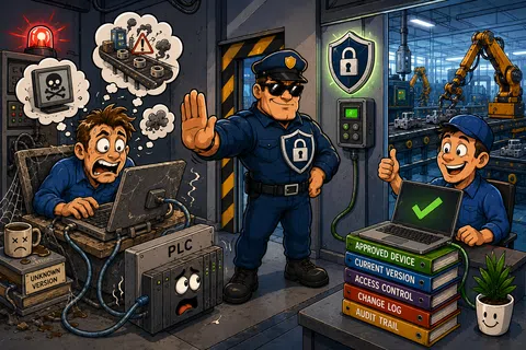Cartoon showing a security guard blocking a stressed worker with a vulnerable system while a happy worker uses an approved secure device.