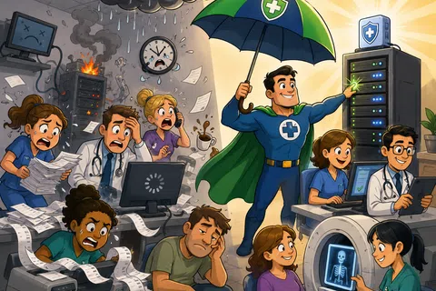 Superhero with umbrella protects calm medical staff and patients from chaos of burning servers and technical issues.