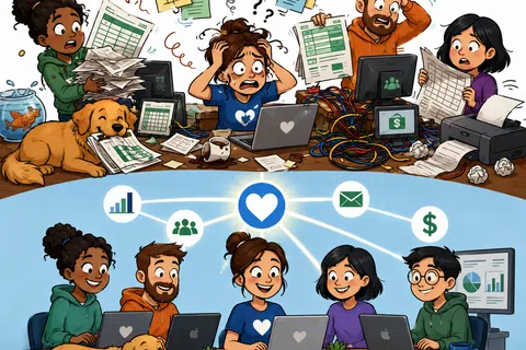 Two contrasting scenes of a team: stressed with chaotic papers and happy collaborating digitally with laptops and icons.