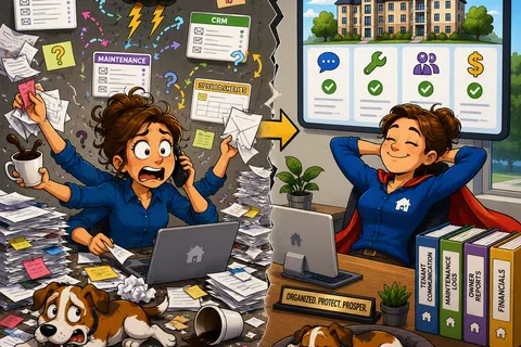 Split image of stressed worker in chaotic office and calm worker in organized workspace with neat files and dog sleeping.
